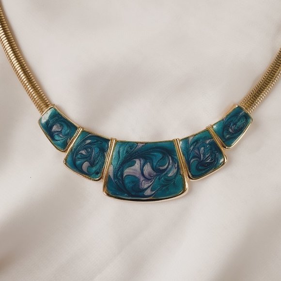 Vintage Art Deco Blue Swirl Enamel Gold Collar Omega Chain Statement Necklace - Picture 3 of 8